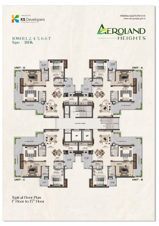 Aeroland Heights 3BHK Floor Plan — Tower 1,2,4,5,6&7